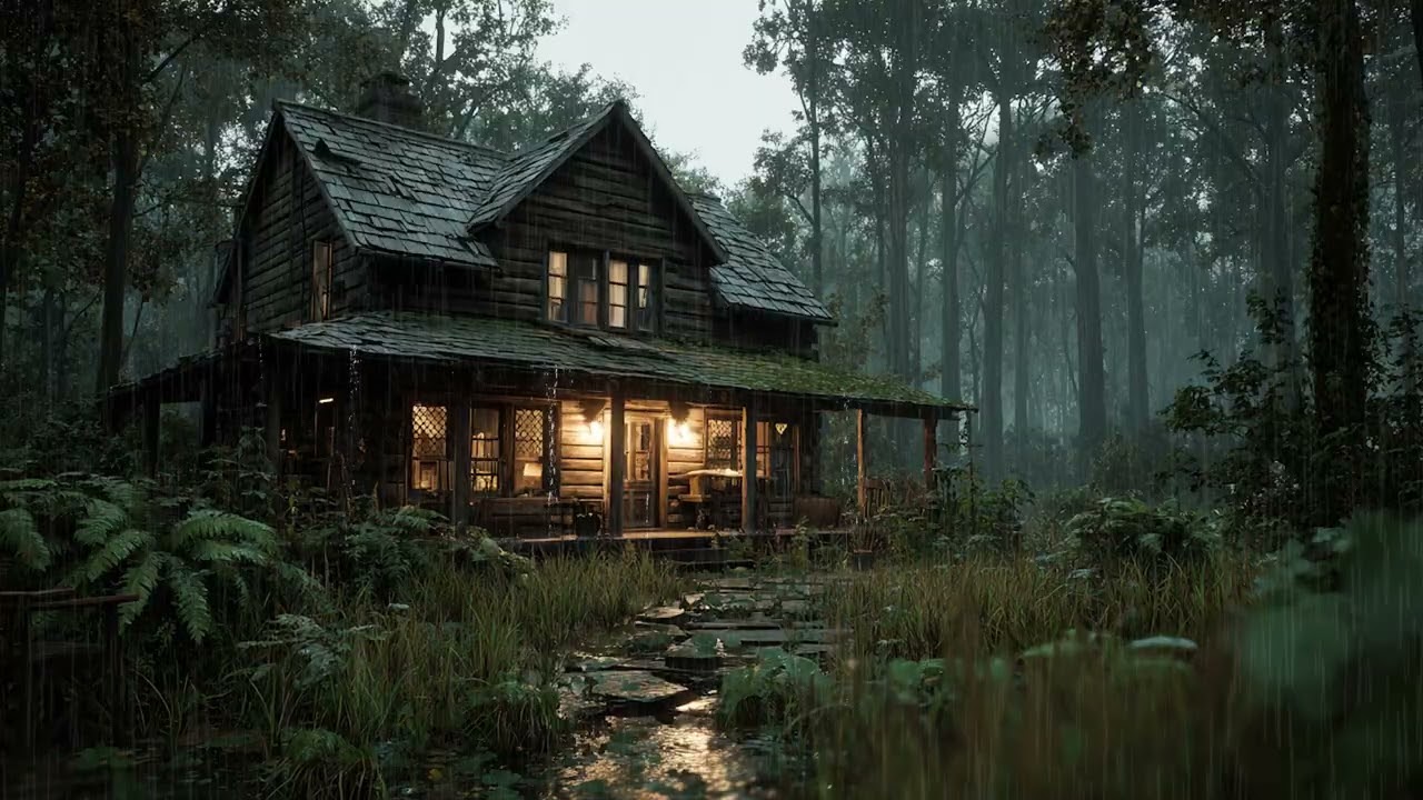 Rainy Forest Night with Heavy Rain for Deep Sleep | Cozy Cabin Ambience & Peaceful Rain Sounds