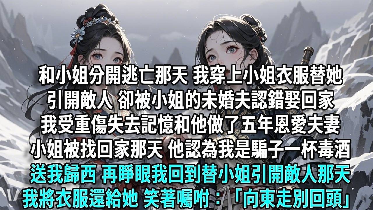 和小姐分開逃亡那天，我穿上小姐衣服替她引開敵人，卻被小姐的未婚夫認錯娶回家。我深受重傷失去記憶，和他做了五年恩愛夫妻。小姐被找回家那天，他認為我是騙子，一杯毒酒送我歸西。再睜眼，我回到替小姐引開敵人那