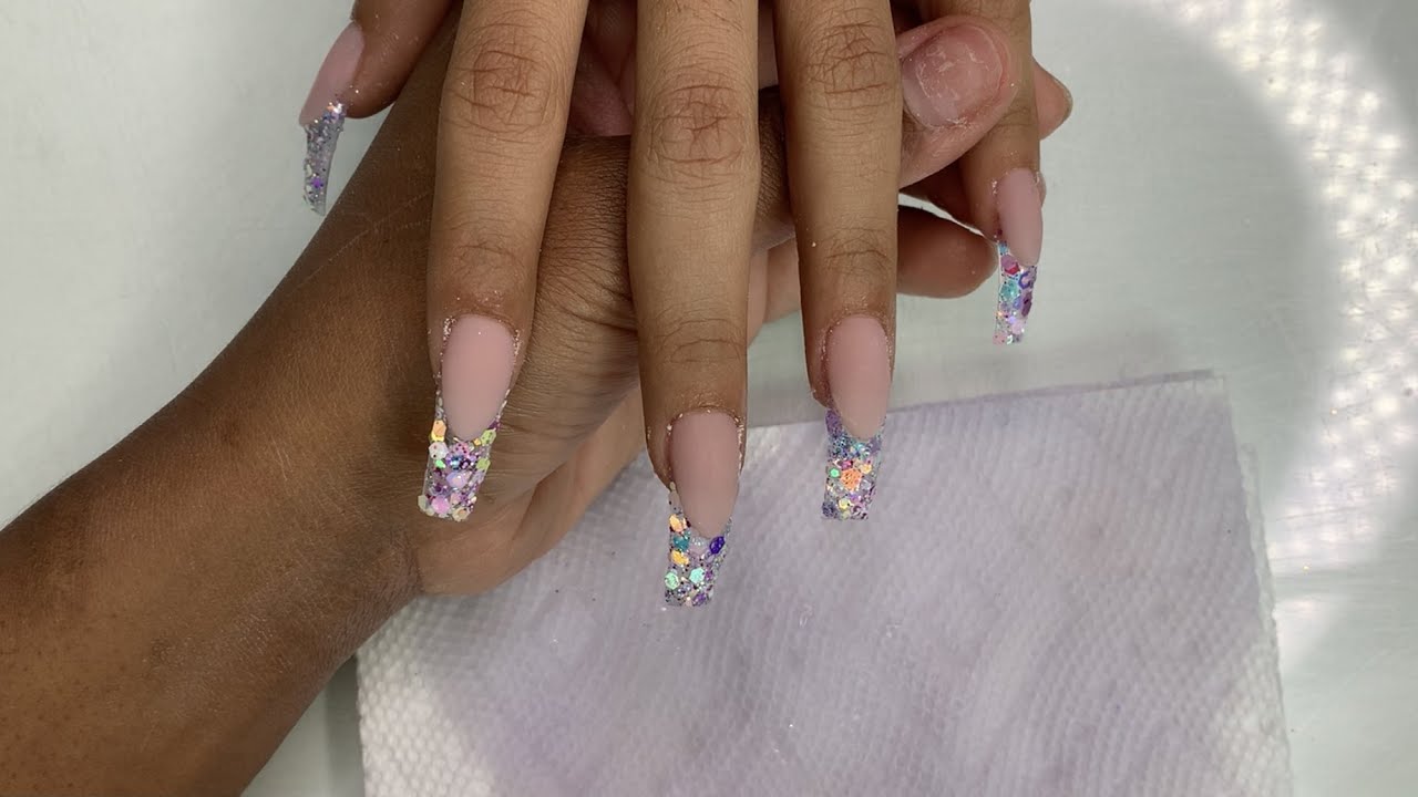Long Tapered Square French Encapsulated Glitter Acrylic Nail