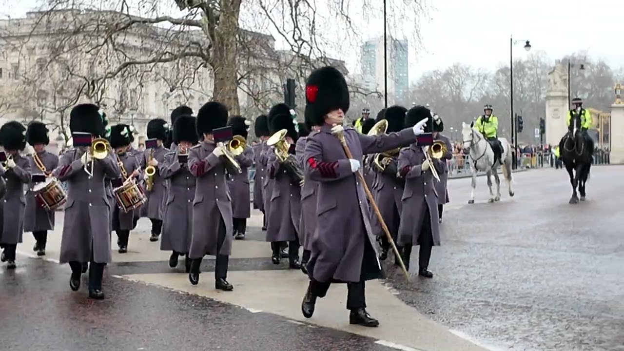 Coldstream Senior Drum Major  leads the Bands of the Welsh Guards