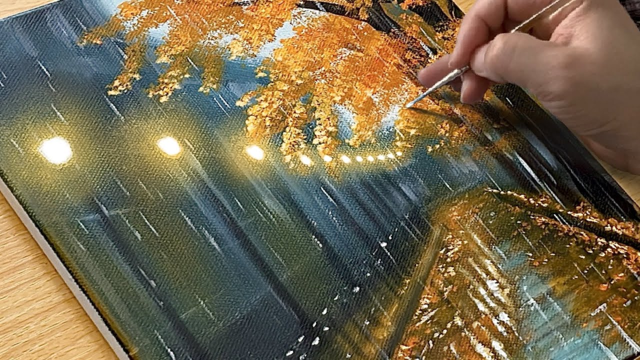 How to Draw Rainy Autumn Night Streets / Acrylic Painting