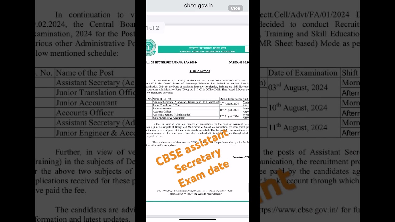 Exam date for CBSE Assistant secretary 