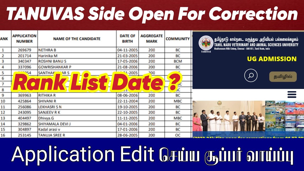 TANUVAS New Updates | Application Correction Site Open | TANUVAS Rank List Publish Date ?