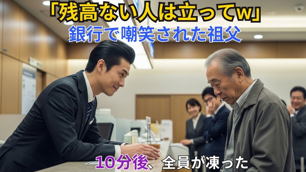 【スカッと】「残高ない人は座らないでw」銀行員に嘲笑された祖父。「そうですか」→10分後、1兆円が消えた。【シニア】