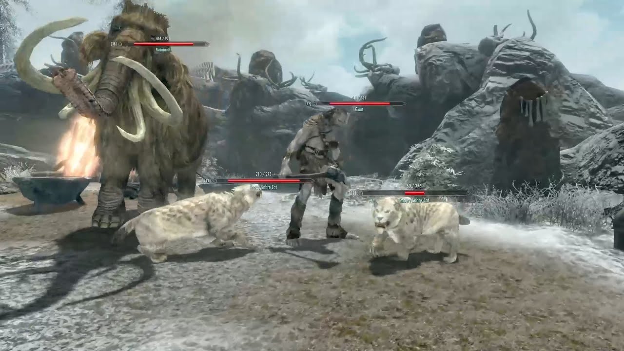 Skyrim Battles - Giant & Mammoth vs. Bears, Sabre Cats, Forsworn, and more