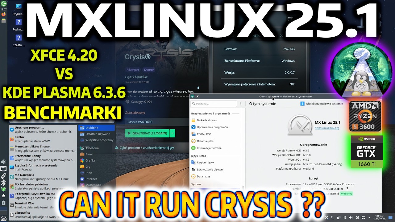 MXLinux 25.1 XFCE vs KDE Plasma =CAN IT RUN CRYSIS= oraz benchmarki wydajności. REAL HARDWARE NVIDIA