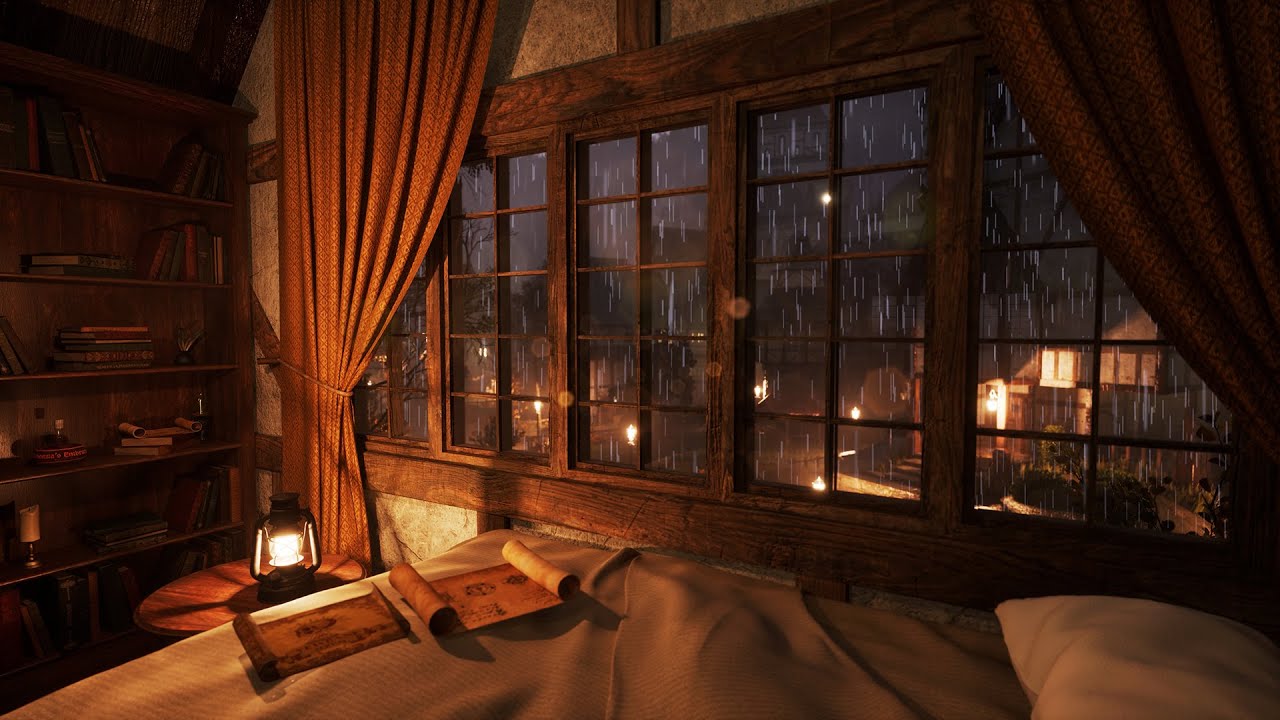 Cozy Medieval Inn Room Ambience | Window Rain Sound