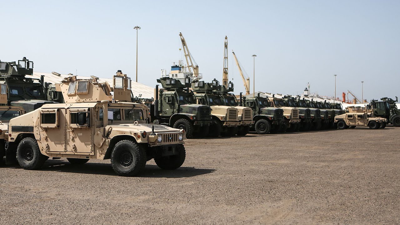 U.S. Marines stage vehicles in preparation for ship on-load during exercise Native Fury 22