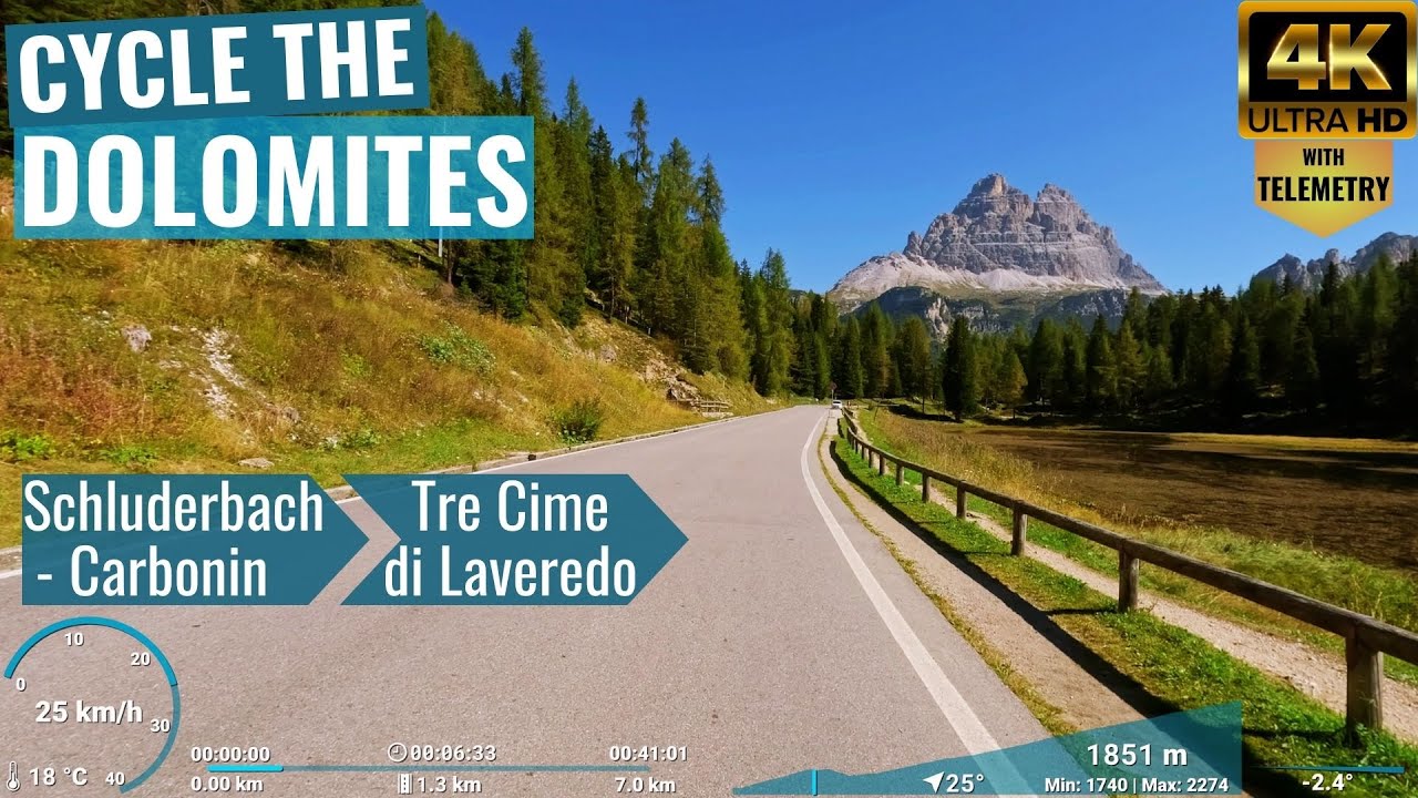 Dolomites: Le Tre Cime di Laveredo ascent from Schluderbach - Indoor Cycling Video - with Telemetry