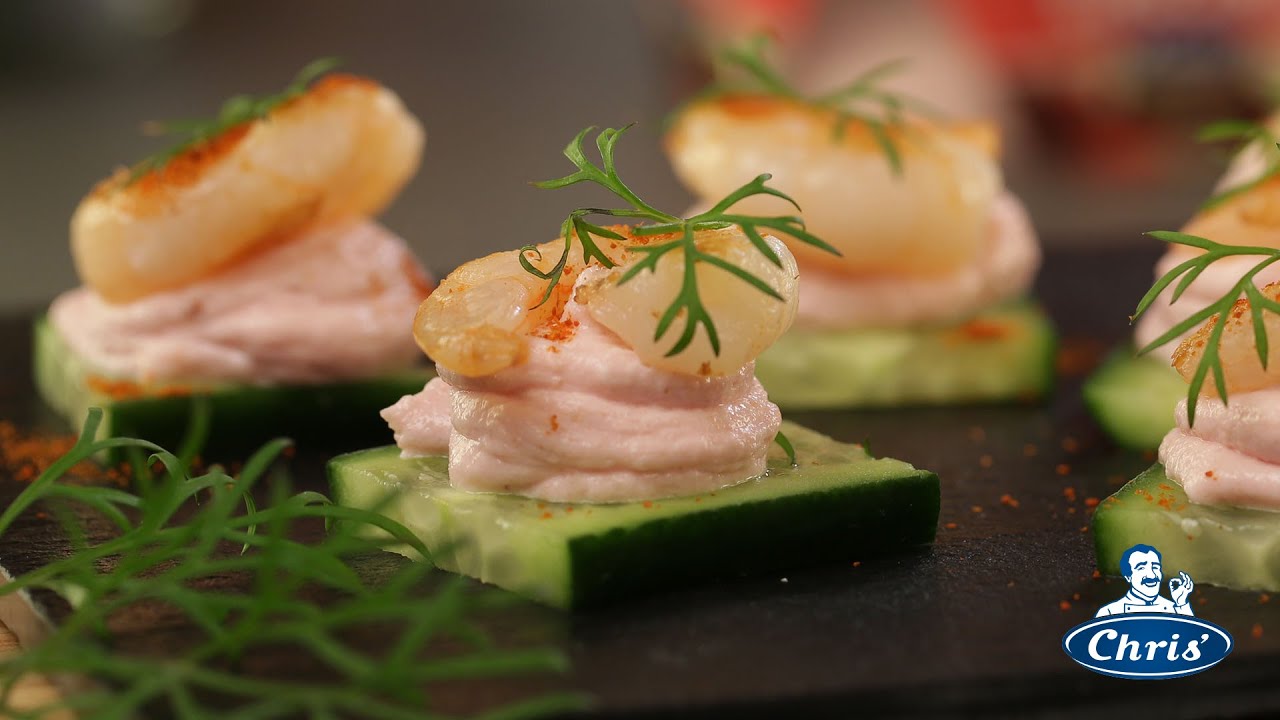 Prawn caviar and cucumber canapes