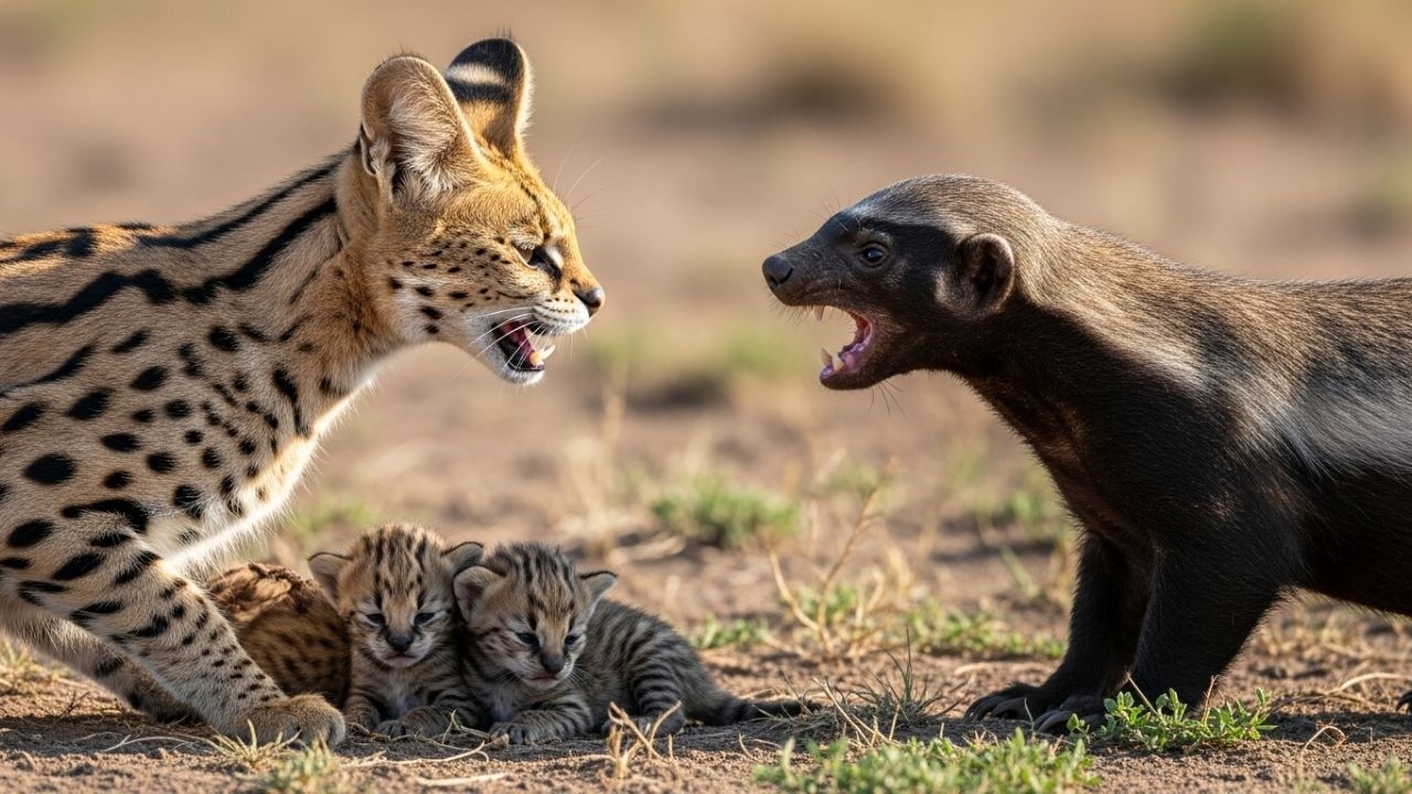 NO MERCY: Frenzied Honey Badger Raids Mother Serval’s Den!