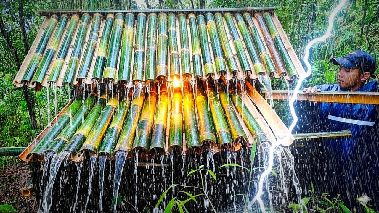 camping heavy rain⛈️ thunderstorm in the forest building a Bamboo house to survive ASMR