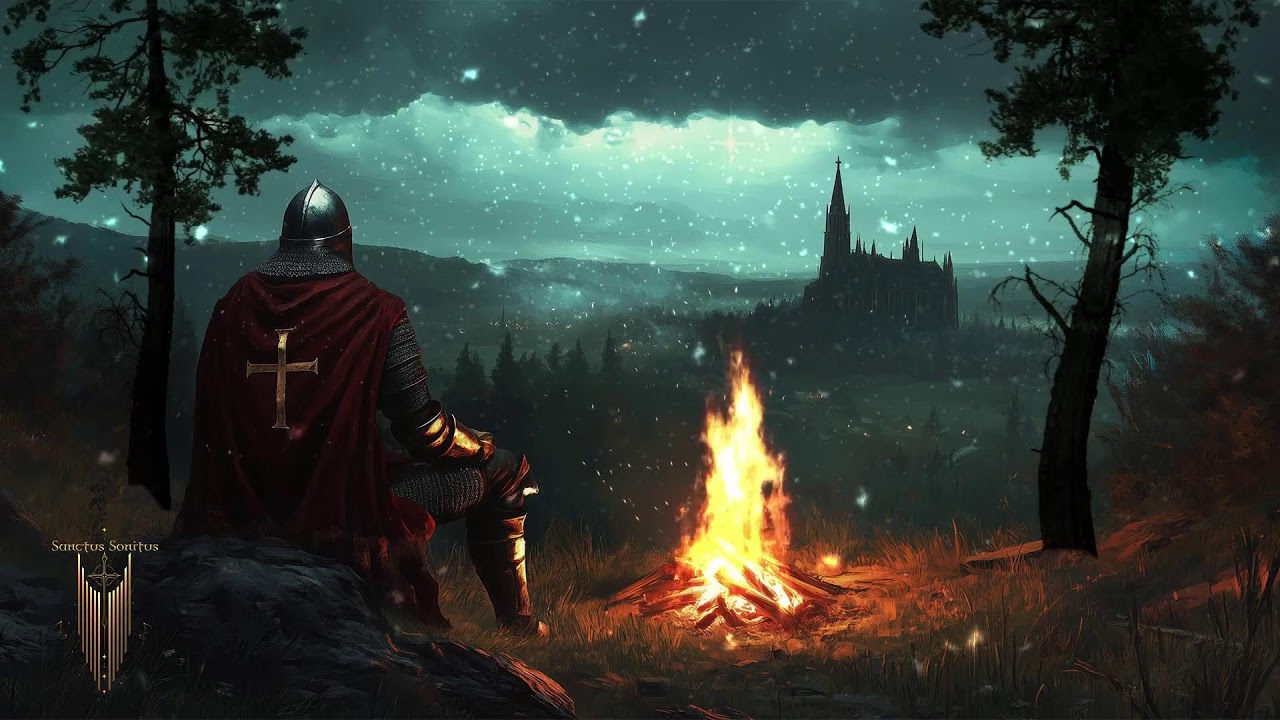 Sacred Choir music Templar at a campfire | Snowing Winter ambience