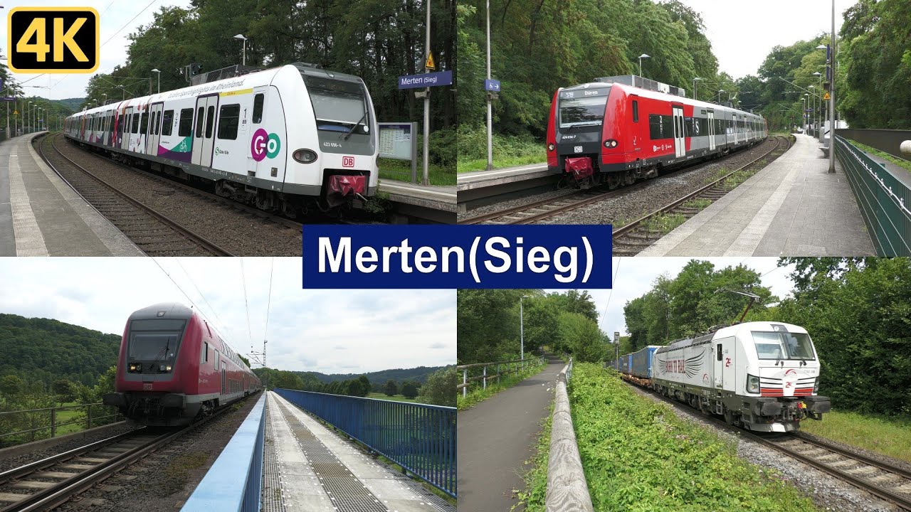 Bahnverkehr in Merten(Sieg) mit Werbe S-Bahn, Br 424, TX Logistik, Br 146.0 + Dostos und Cargobeamer