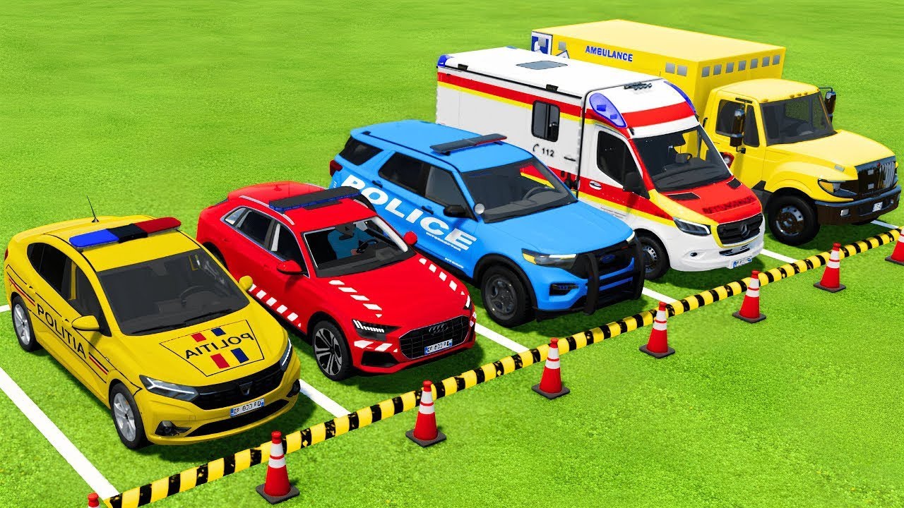 TRANSPORTING POLICE CARS & AMBULANCE EMERGENCY VEHICLES WITH TRUCKS ! Farming Simulator 22