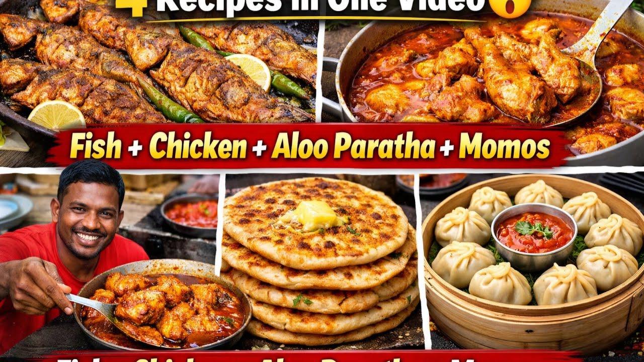 “Fish, Chicken, Aloo Paratha & Momos | Street Food Style Full Cooking | Viral Village Cooking”या