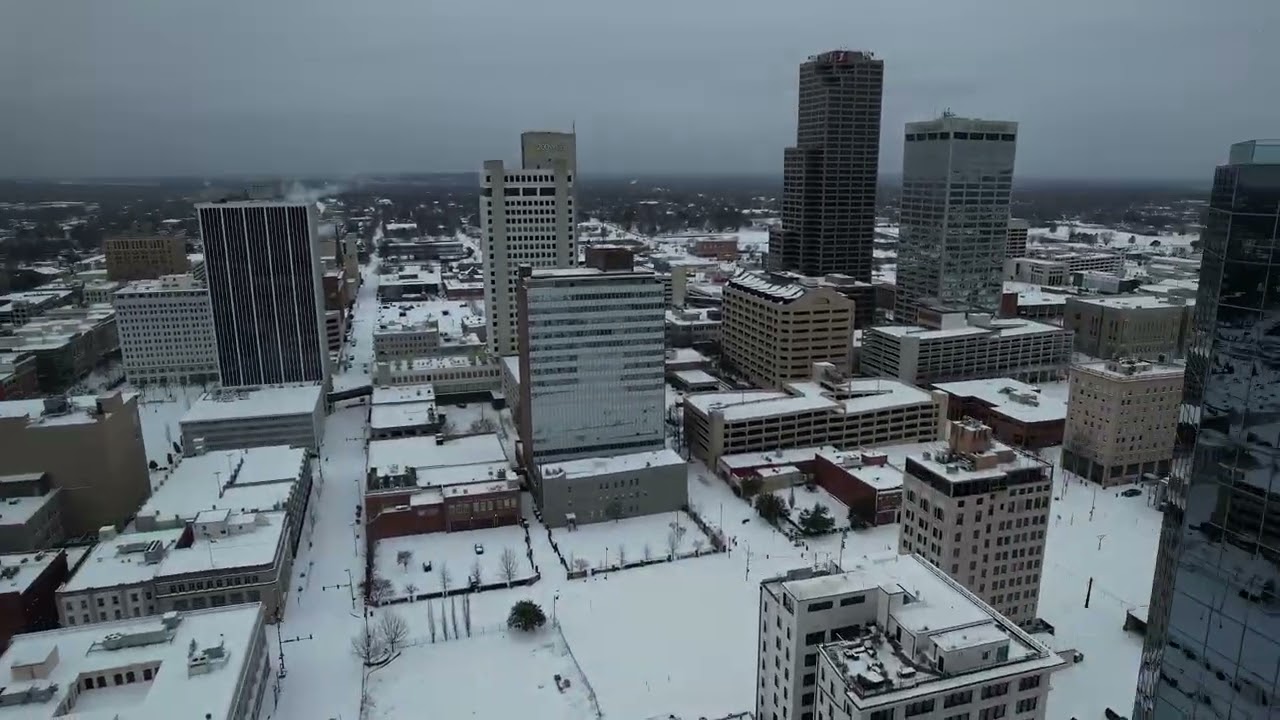 Drone's view of Downtown Little Rock, Arkansas, after the January 2026 winter storm