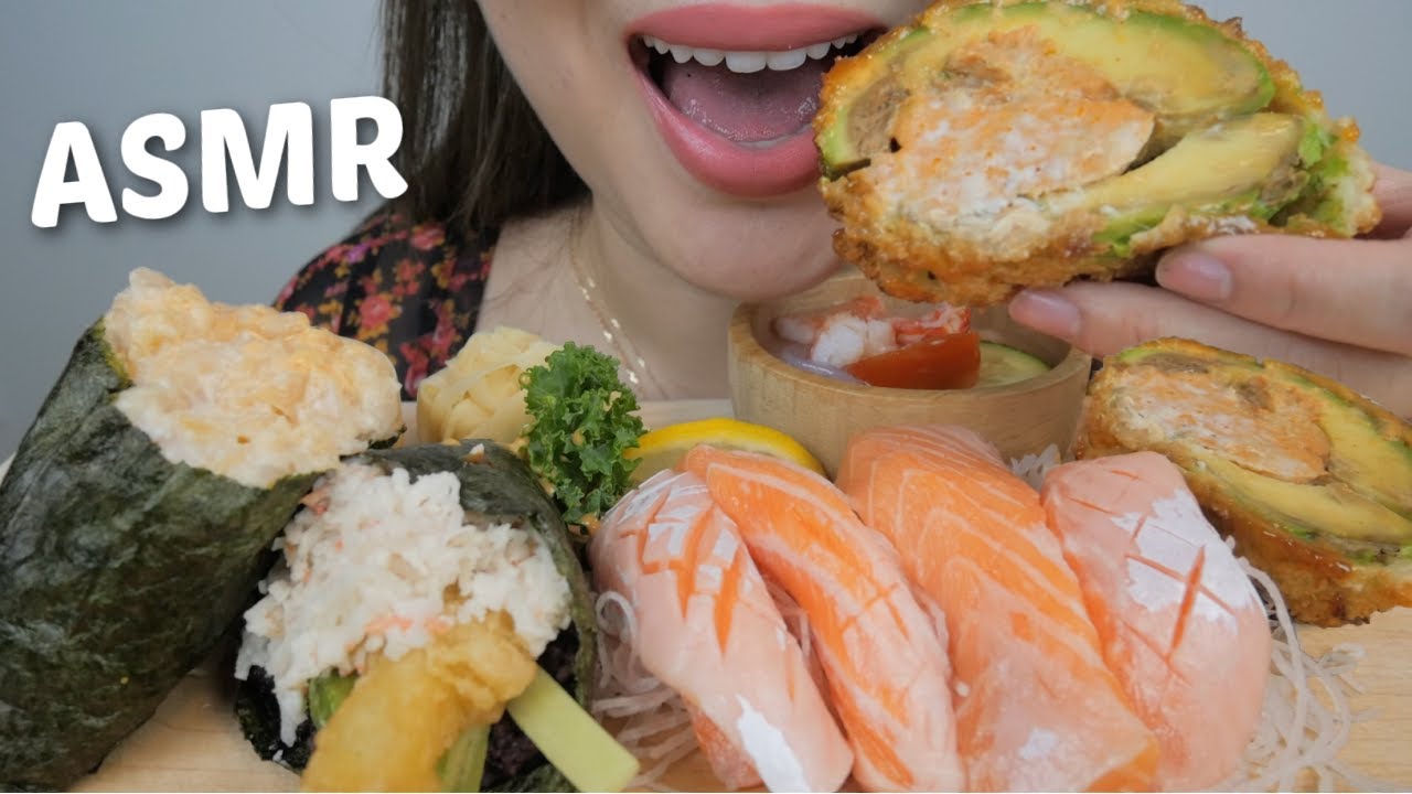 SUSHI ASMR * SUSHI CONE, Salmon Belly Sashimi with Avocado Volcano & Crab Sunomono Salad NO Talking