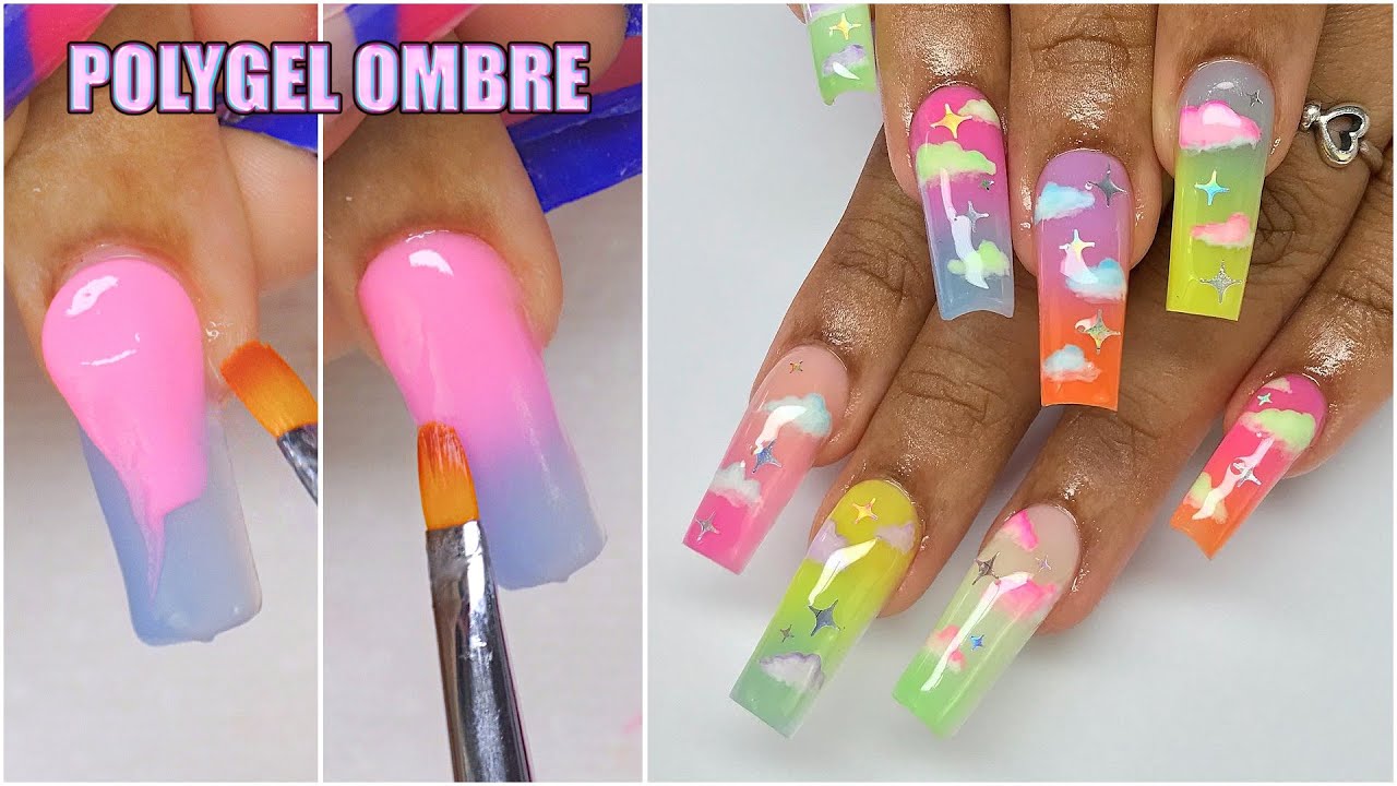 Testing BURANO's New Glowing POLYGEL Kit Colorful Clouds Polygel Ombré Nail Art Tutorial