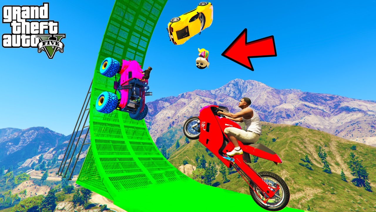 FRANKLIN TRIED IMPOSSIBLE ROUND BRIDGE JUMP PARKOUR CHALLENGE CARS BIKES GTA 5 | SHINCHAN and CHOP