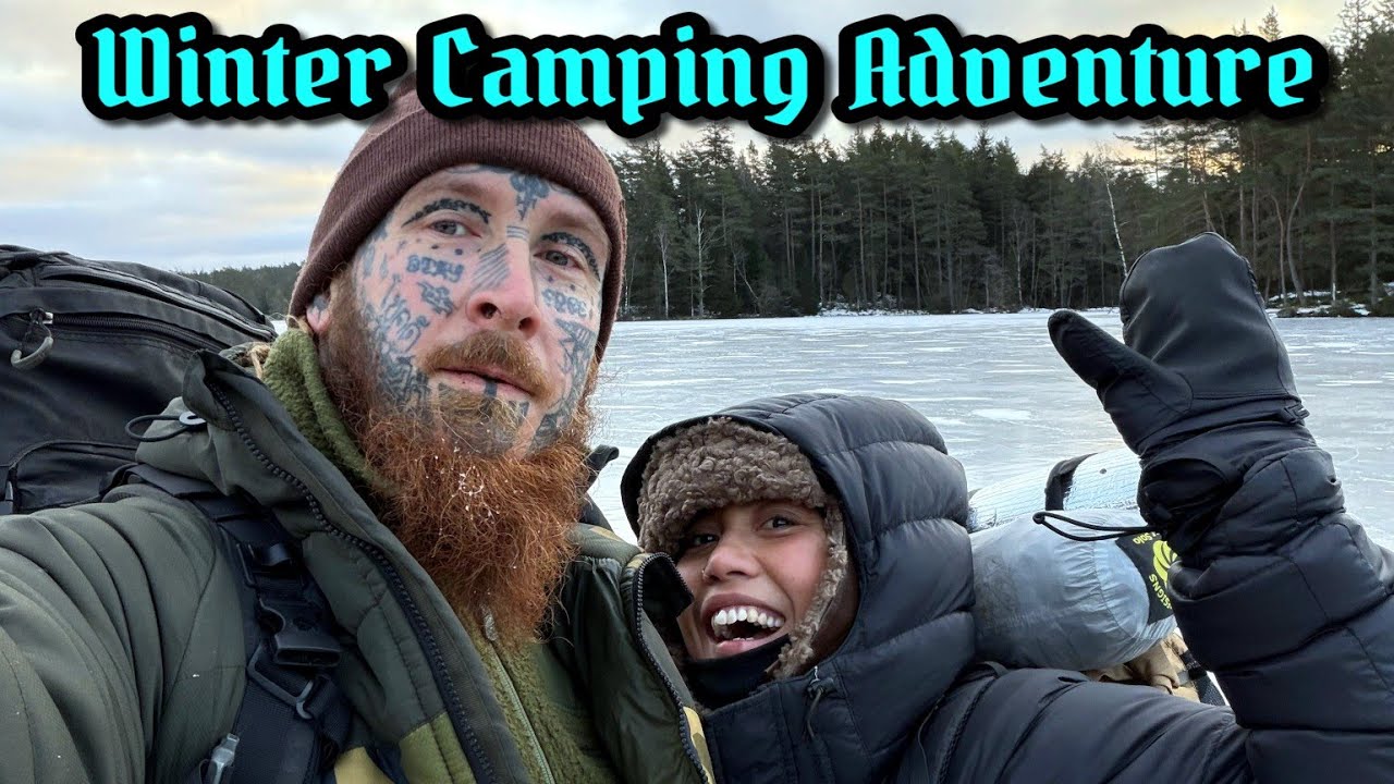 Couple Winter Camping Adventure On A Frozen Island