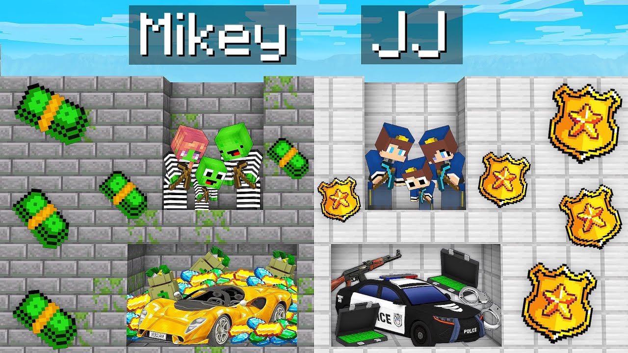 JJ's POLICE PIT vs Mikey's PRISON Family PIT Battle in Minecraft - Maizen