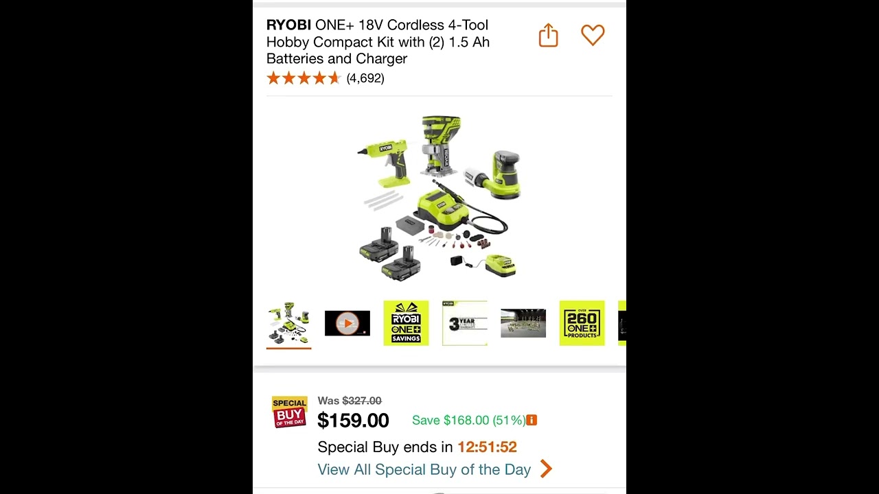 51 % off today RYOBI ONE+ 18V Cordless 4-Tool Hobby Compact Kit
