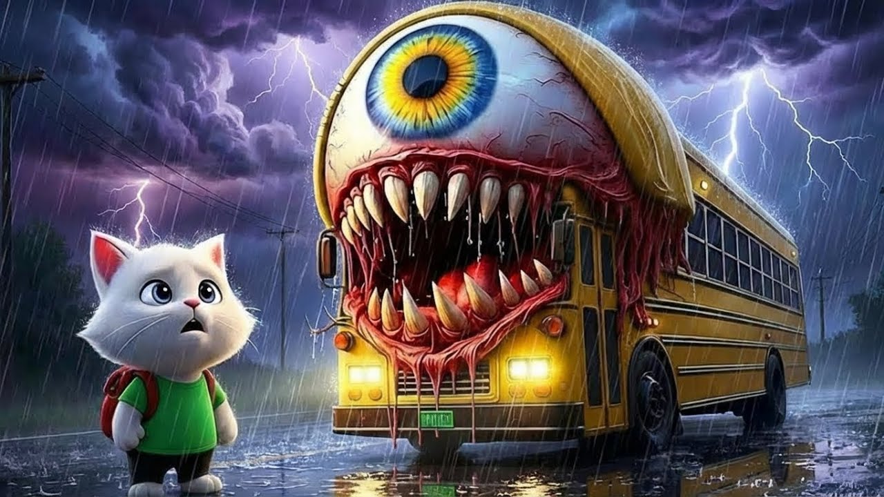 😱Kitten Encounters a Monster School Bus on the Way to Class. AI Cat story #cat #catstory #catvideos