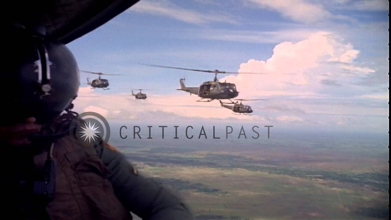 UH-1D helicopters in flight during operation Wahiawa in Cuchi, South Vietnam HD Stock Footage