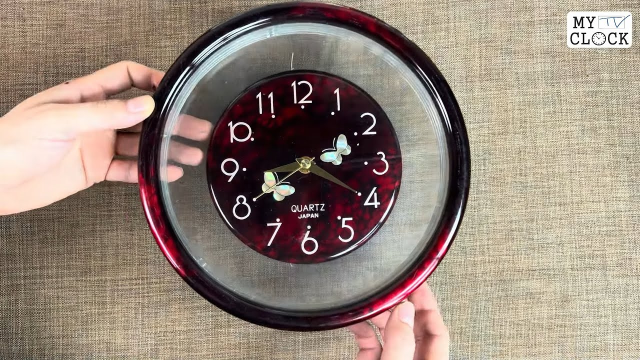 Japanese Mother of Pearl Inlay Double Butterfly Round Wall Clock 25cm 日本製 螺鈿細工 二匹の蝶 丸型壁掛け時計