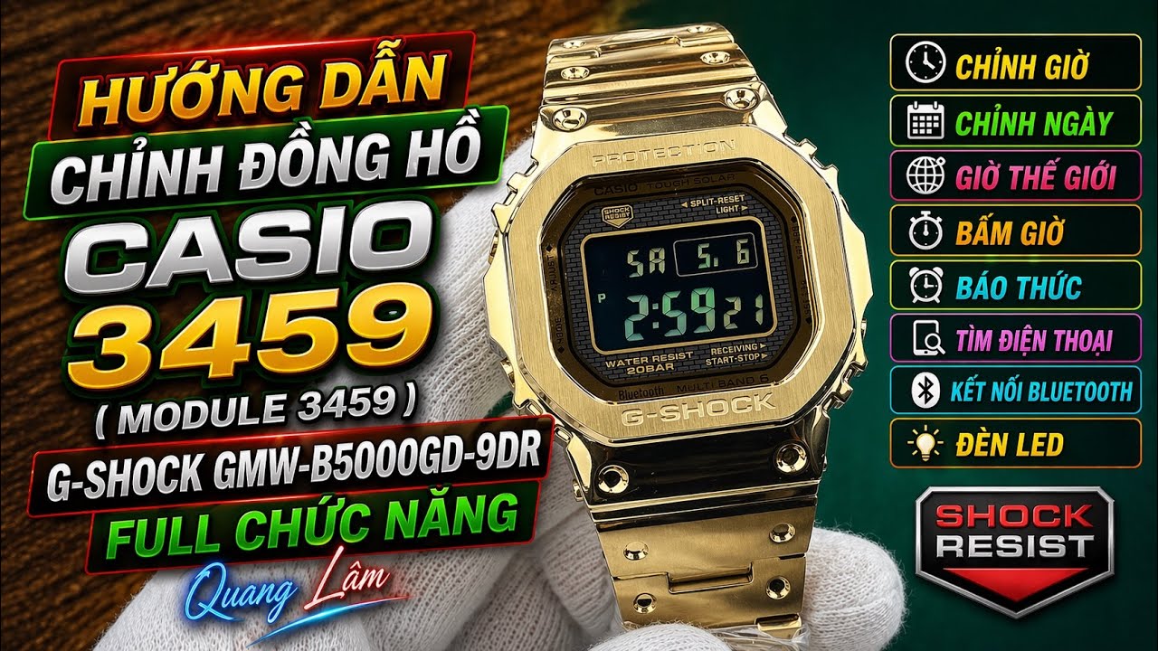 Hướng dẫn chỉnh đồng hồ Casio 3459 trên chiếc Casio G-Shock GMW-B5000GD-9DR | Quang Lâm