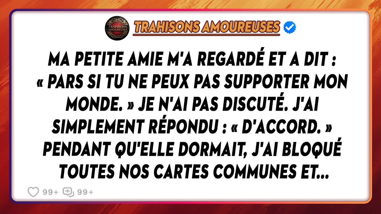 Ma Petite Amie M'a Regardé Et A Dit : « Pars Si Tu Ne Peux Pas Supporter Mon Monde. » Je N'ai...