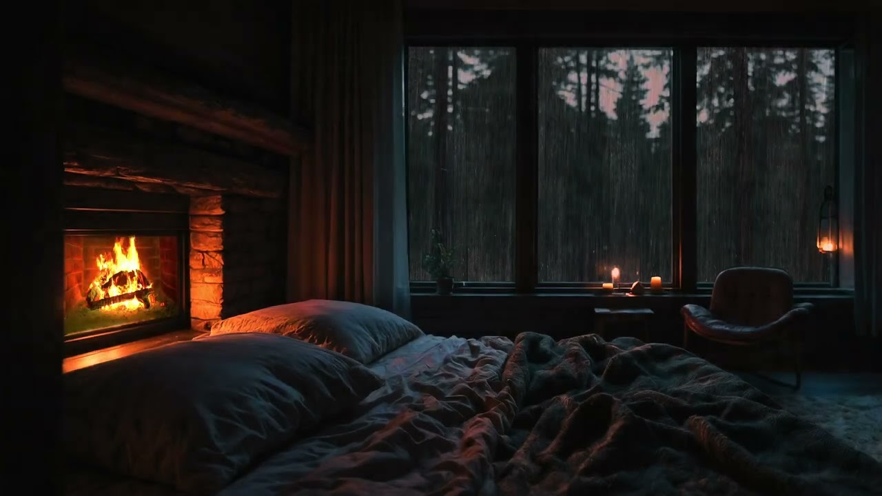 Feels calm Hearing sound of rain & Crackling Fireplace🔥sleep soundly all night without interruption