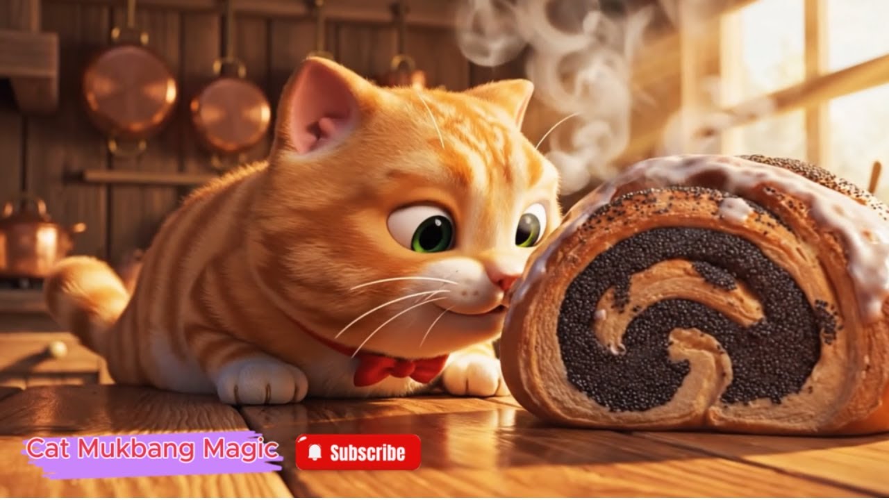 Warm Poppy Seed Roll ASMR 🥐 Cozy Bakery Cat Mukbang  Sweet Icing & Steam 4K   Cat Mukbang Magic