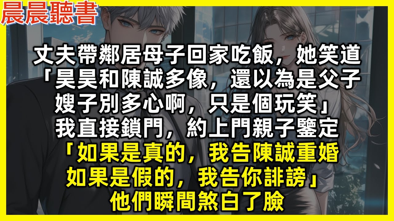 丈夫帶鄰居母子回家吃飯，她笑道「昊昊和陳誠多像，還以為是父子，嫂子別多心啊，只是個玩笑」我直接鎖門，約上門親子鑒定「如果是真的，我告陳誠重婚，如果是假的，我告你誹謗」他們瞬間煞白了臉