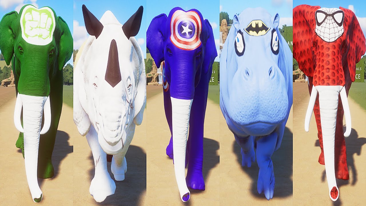 Spiderman Elephant Vs Batman Hippopotamus Vs Caption Elephant ( etc ) Speed Race in Planet Zoo