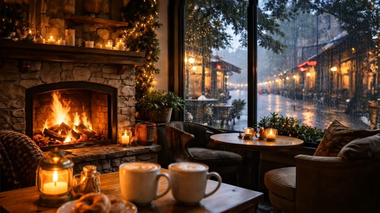 Rainy Night Coffee Shop Jazz ☕ Fireplace & Crackling Fire Sounds (5 Hours)