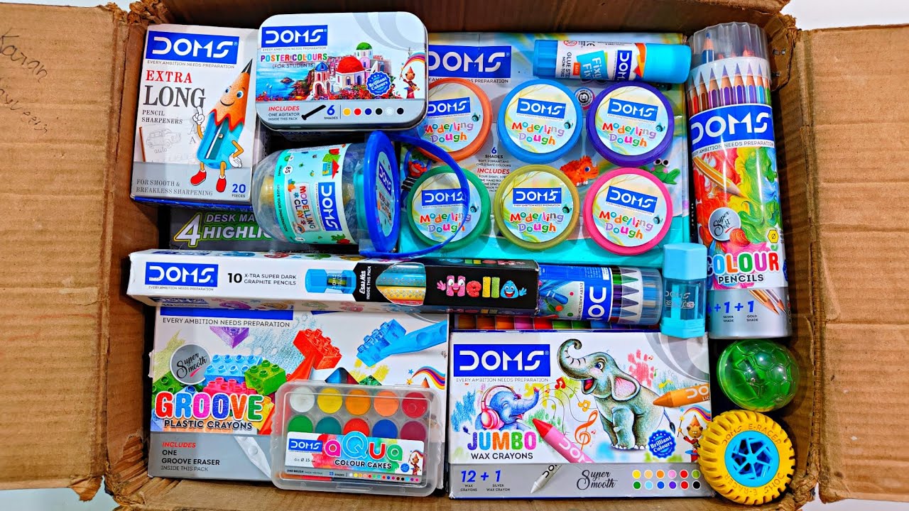 Unboxing Latest Doms Stationery 📚, Floting Pen, Poster Colour, Pencil, Oil Pastel, Wax Crayons, Clay