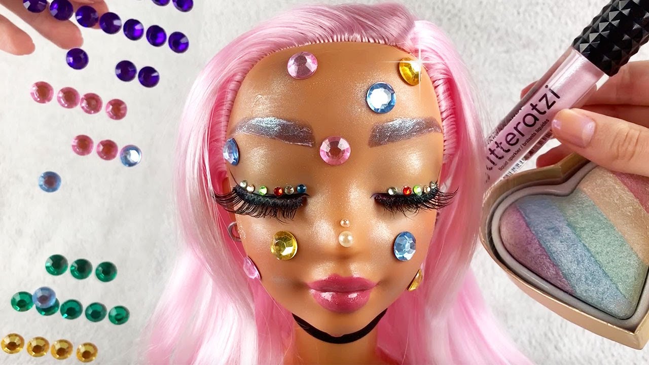 ASMR Doll Head Rhinestones Makeup Look (Whispered)