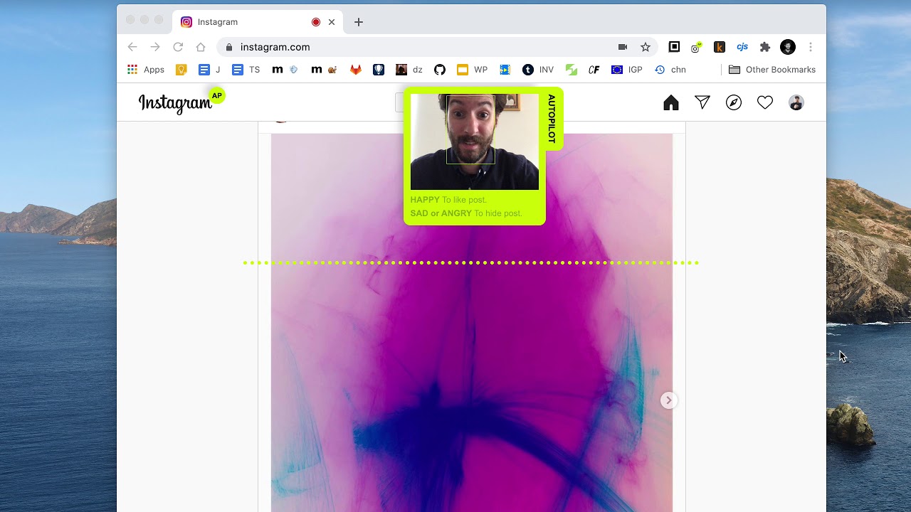 Instagram Autopilot: scroll, like and hide posts with your face - Chrome Extension Demo