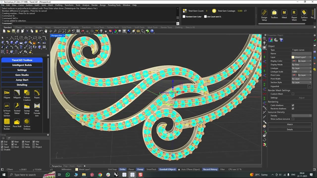 Create Studded Tanmaniya pendant using Gems along curve.