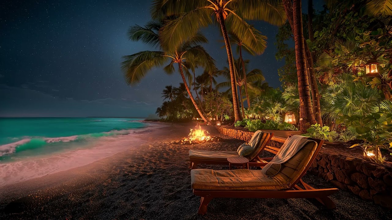 Soothing Ocean Night | Palm Trees, Fire Pit & Peaceful Waves
