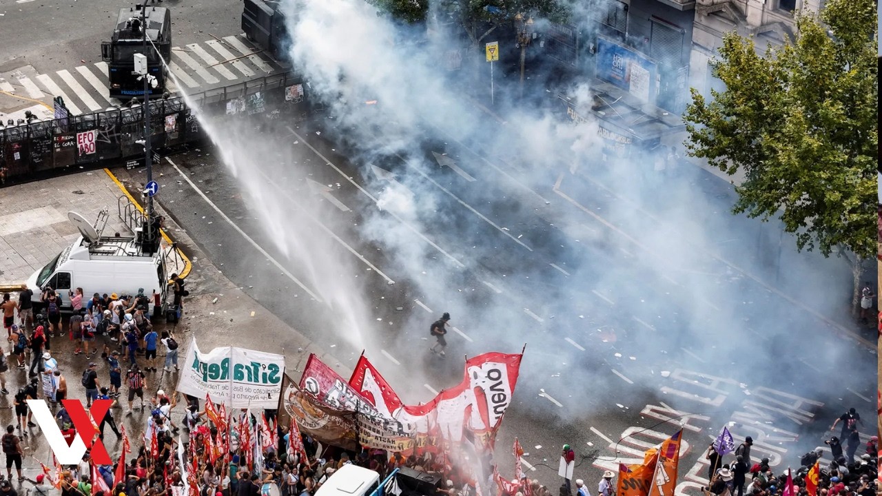 War Zone Buenos Aires! Drone Shots As Police Fire Water Cannons, Tear Gas At Protesters | VERTEX