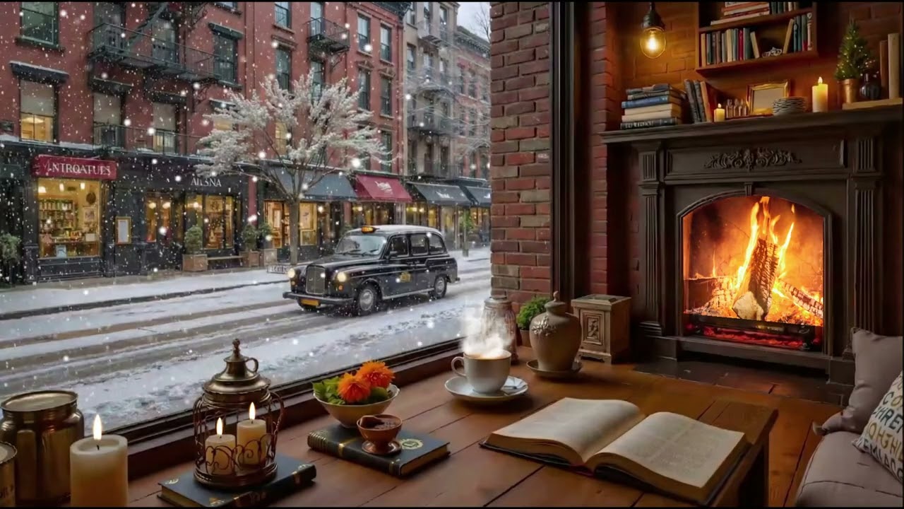 Cozy Coffee Shop on a Winter Day ❄️ Deep Focus, Jazz Piano, & Fireplace Sounds