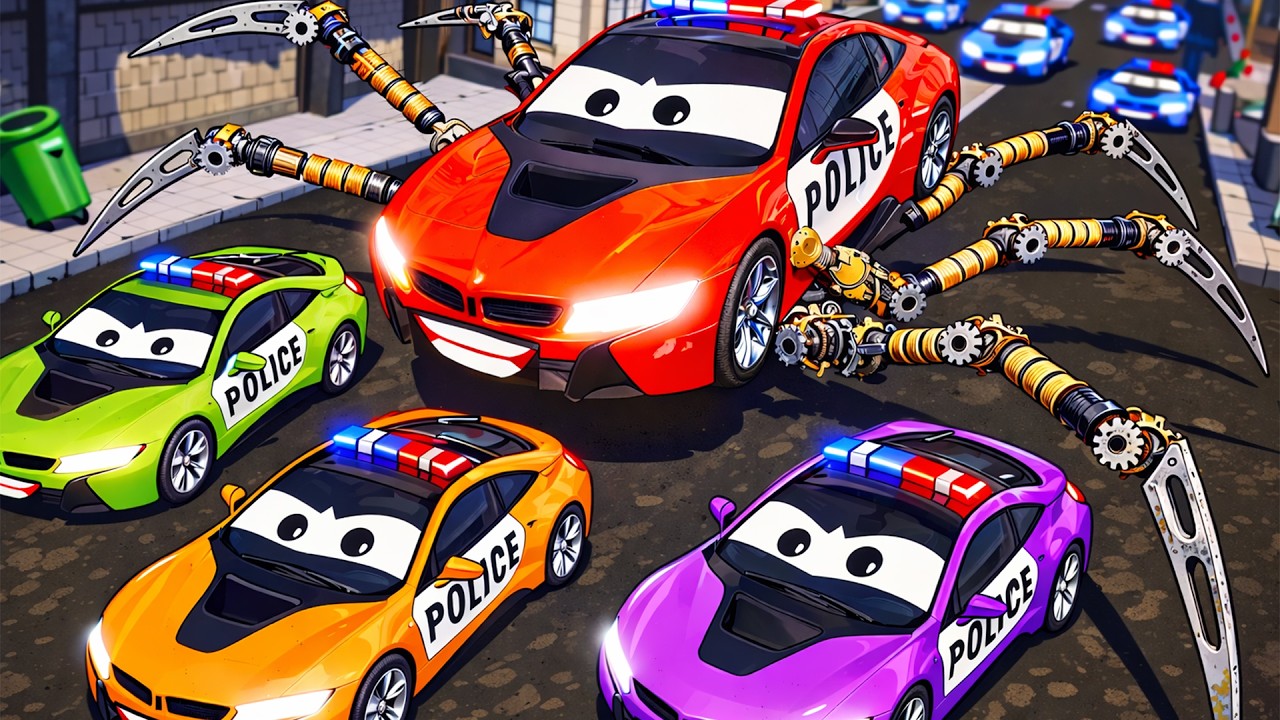 Robot Spider Police car vs Color Police Cars | Epic City Destruction Battle