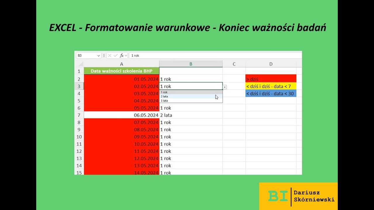 EXCEL - Formatowanie warunkowe - Koniec ważności badań