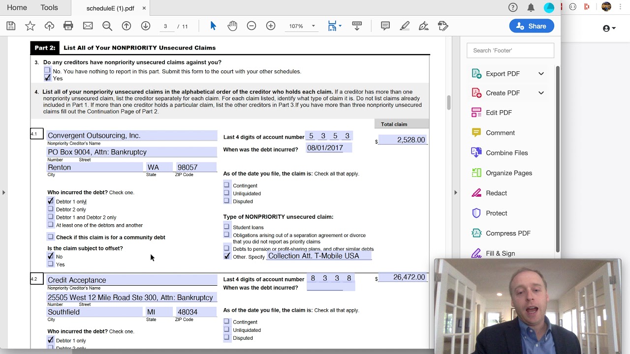 Bankruptcy Forms — Schedule E/F (Simple Ch. 7 Case / Doesn't Own Home)