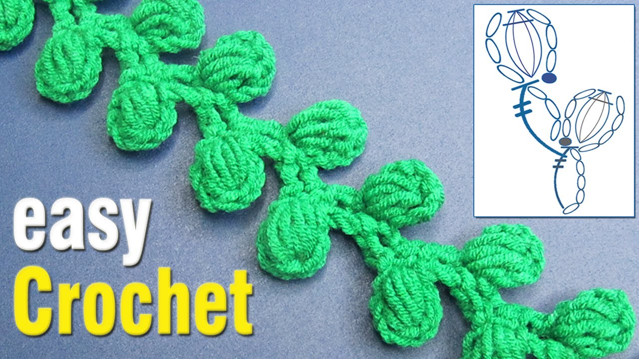 Crochet: How to Crochet a simple Puff Stitch Cord for beginners. Free lace leaves cord pattern.