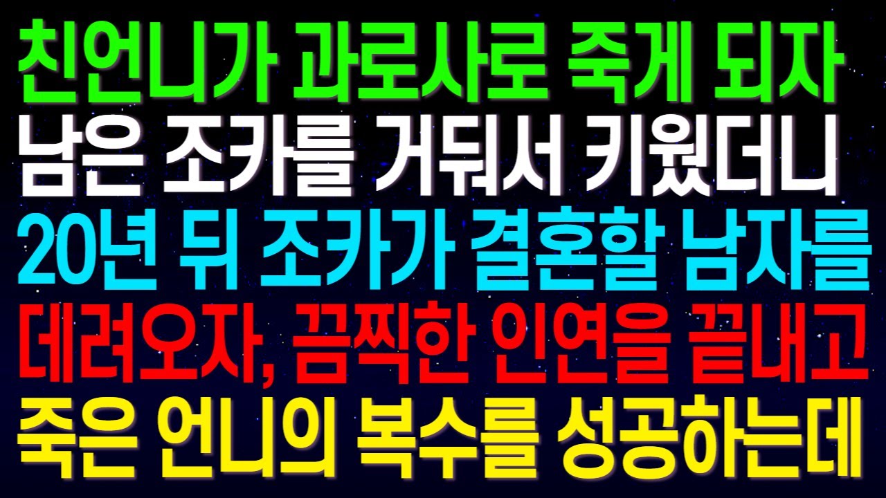 (실화사연)친언니가 과로사로 죽게 되자 남은 조카를 거둬서 키웠더니 20년 뒤 조카가 결혼할 남자를 데려오자, 끔찍한 인연을 끝내고 죽은 언니의 복수를 성공하는데...