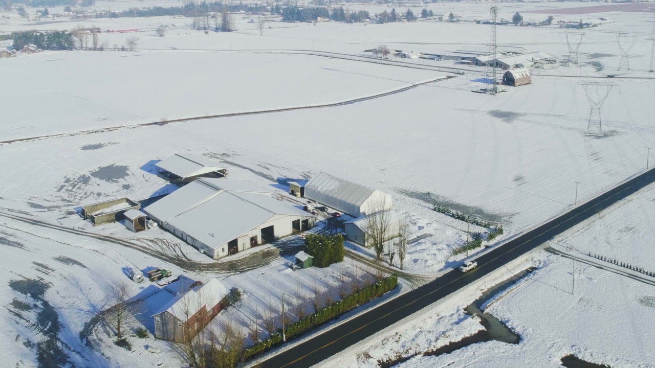Drone Footage in HD of Fraser Valley Farmland near Chilliwack in winter.